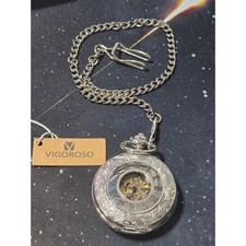 VIGOROSO Mechanical Skeleton Pocket Watch Silver Roman Numeral Chain New