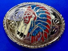 Native American Indian Chief Head Dress Turquoise Coral Chip Inlaid Belt Buckle