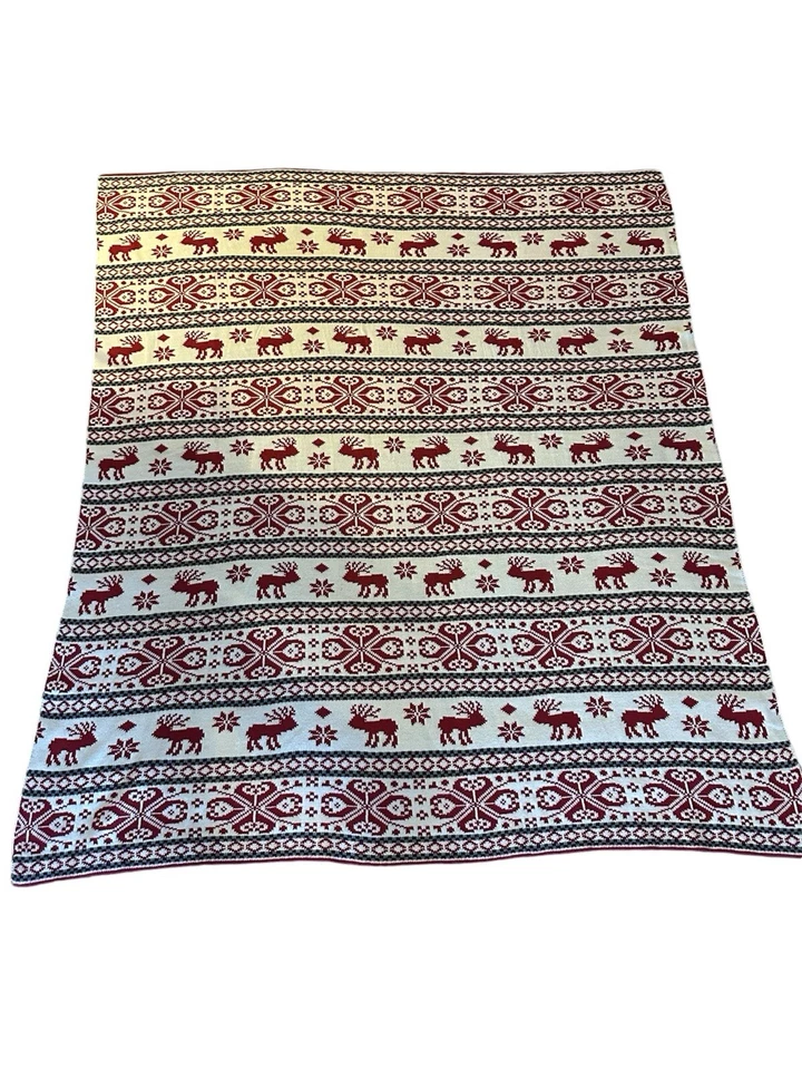 Winter Tapestry Woven Throw Blanket Moose Snowflake Red White Blue 62" x 56" - Image 2 of 4