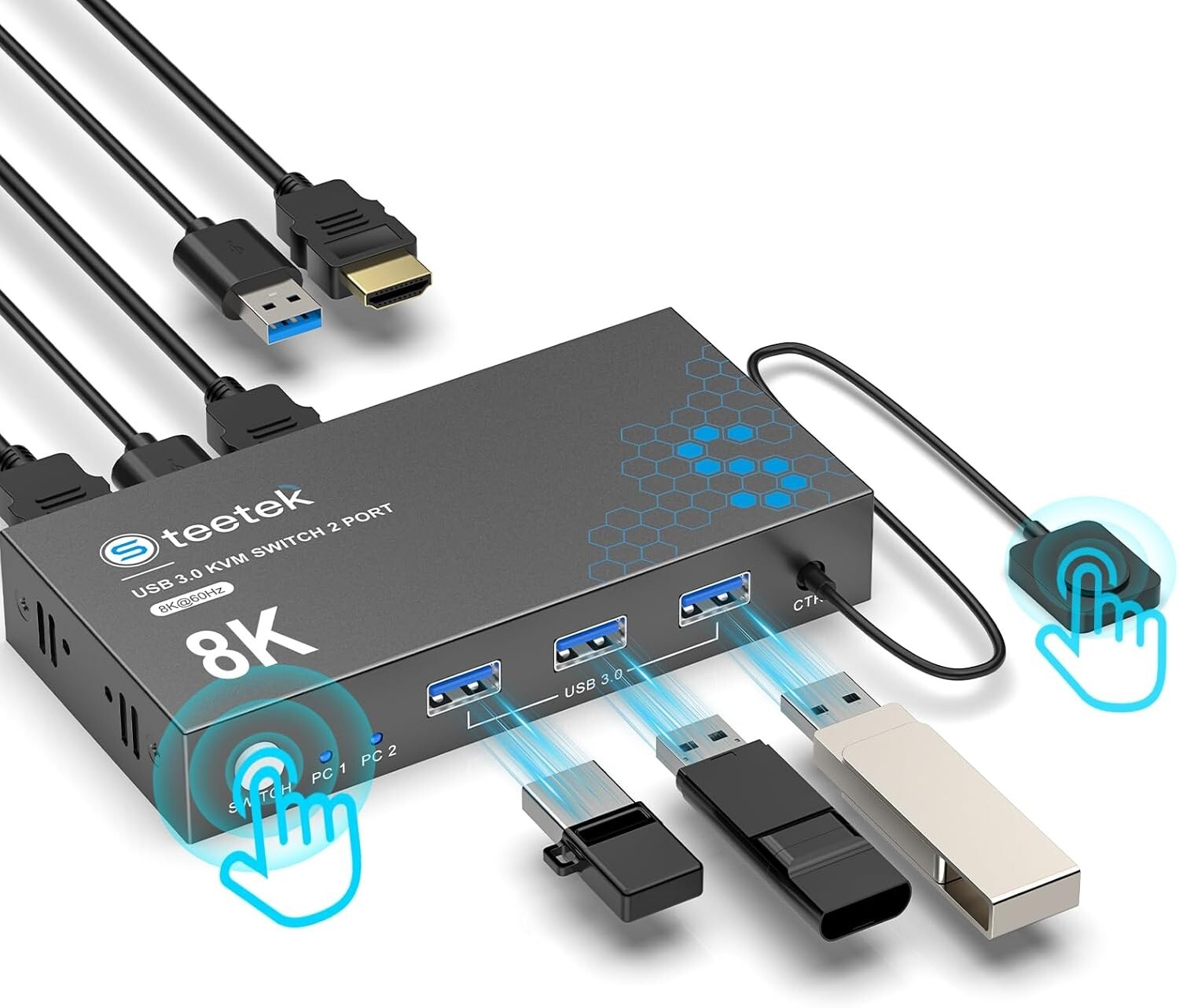 HDMI KVM Switch 1 Monitor 2 Computers, 8K@60Hz KVM Switches for 2 Computers