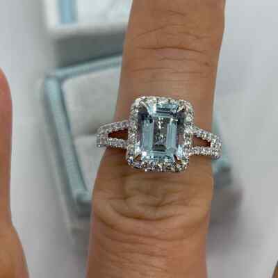 Preciatch  ミントグリーン 4弦 2Ct Emerald Lab Created Aquamarine Split Shank Ring 14K