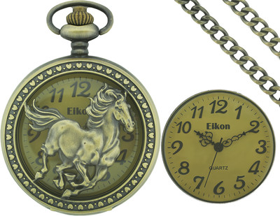 NEW EIKON ANTIQUE GOLD TONE,BRASS DIAL,HORSE,CHAIN,GRANDPA POCKET LOCKET WATCH