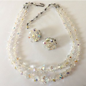 True-Vintage-Crystal-Bead-Necklace-amp-Clip-Earrings-Aurora-Borealis-D133