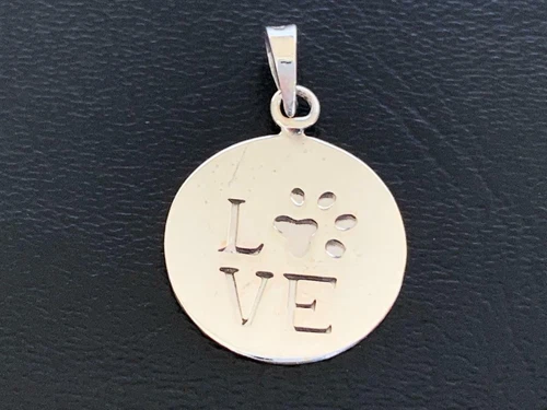 Genuine 925 Sterling Silver Flat Disc Love Dog Cat Paw Pendant Charm Animal