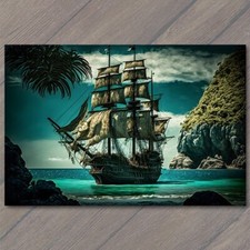 Postcard Pirate Ship at Open Sea - Navigating Close to Rocks and Island