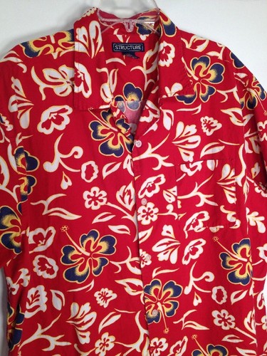 Hawaiian Shirt XL Cotton Red w/ Hibiscus Blue Flowers Tropical Camp Floral - Picture 4 of 9