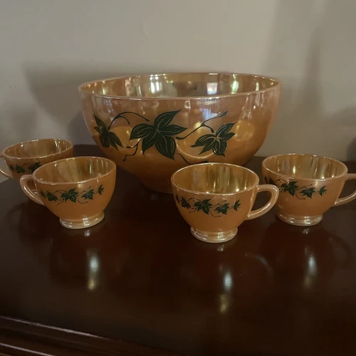 Vintage Fire King Anchor Hocking Peach Luster Ivy Punch Bowl W/4 Cups 1950s.