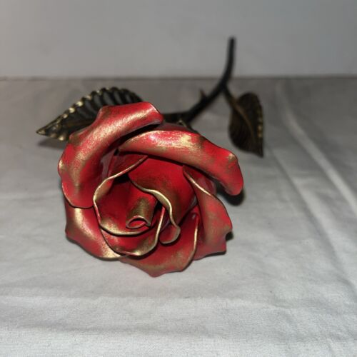 Metal Gold Tip Finish Red Rose Bronze Colored Stem Petals 11.5”