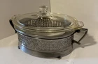 Vintage Pyrex Small Clear Casserole Dish In Silver Plated Footed Stand With Lid