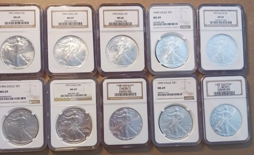 Lot/10 1991-2000 American Silver Eagle NGC MS69 Brown Label
