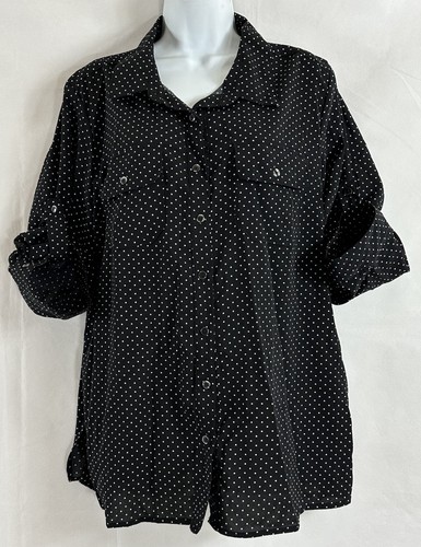 NWTs Notation Size XL Black White Polka Dot Button Blouse Collar 3/4 Tab Sleeve - Picture 4 of 23