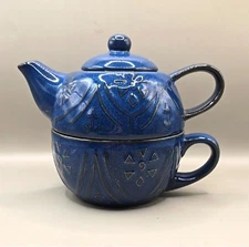 Pier 1 Stackable Tea Set Cup Mug Pot Blue Rustic Glazed Stoneware "Tea for One"