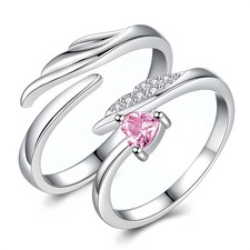 Crystal Heart Angel Wing Adjustable 925 Sterling Silver Ring Women Men Jewellery