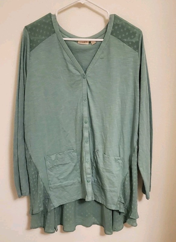 LOGO Lori Goldstein Womens Blouse Large Green Button Up Pockets Long Sleeve 