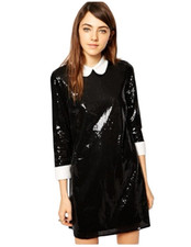 Asos Petite Black Sequin Swing Long Sleeves Mini Women Dress White Collar size 0
