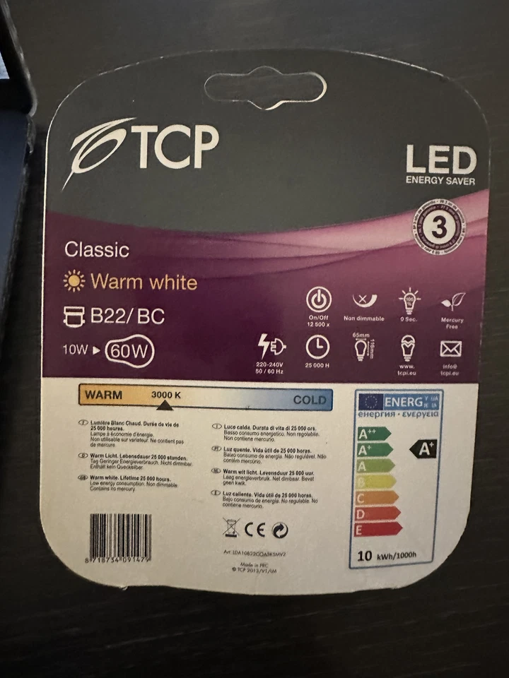 TCP BC/B22 Bayonet, 60W LED Bulb, 810 Lumen, 3000 kelvin 25,000 hours NICHIA - Image 2 of 4