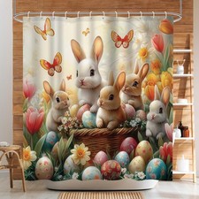 Easter Bunny  Floral Shower Curtain - Spring Decor with Colorful Eggs and Tu...