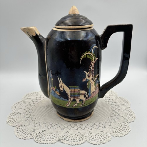 VTG RARE 1940s Hand-Painted Tlaquepaque Black Coffee Pot Colorful Scene MEXICO - Bild 2 von 9