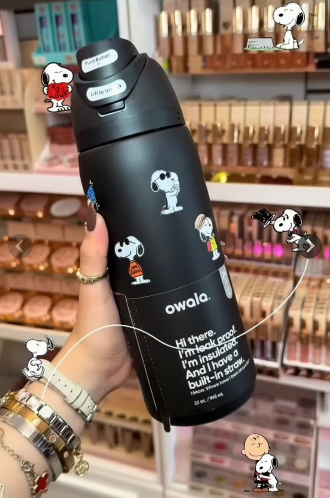 Black Owala x Peanuts Snoopy 32oz Insulated Bottle Flip Lock