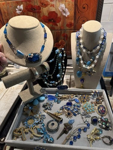 Vtg BLUE High End Costume Jewelry & STERLING Lot Signed Czech Goldette Victorian