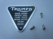 TRIUMPH 'MADE UNDER PATENT' TR6 T120 TIMING COVER PATENT PLATE BADGE 70-4016