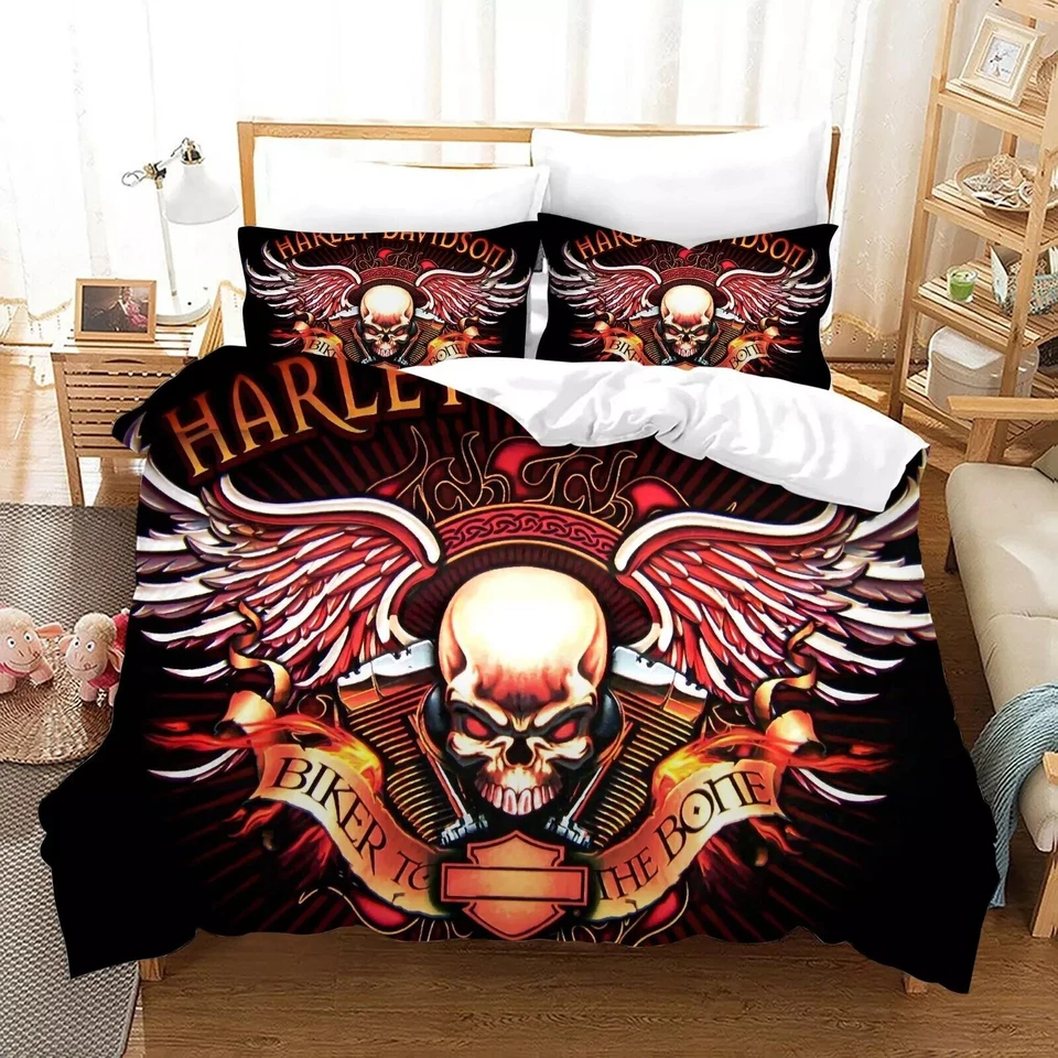 3D Black Harley-Davidson Motorcycle Quilt Cover Duvet Cover Comforter set - Image 3 of 4