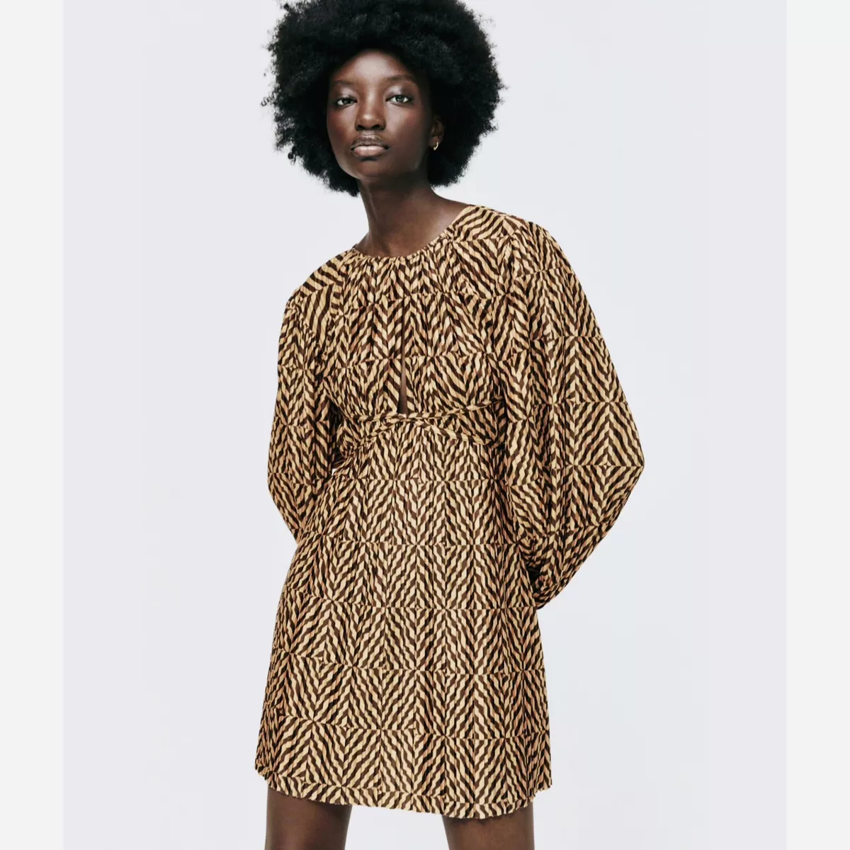 Zara Geometric Printed Brown Pleated Long Sleeve Mini Dress 5039 / 552 Sz. M