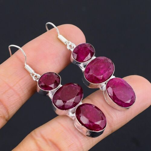 Kashmiri Ruby(Simulated) Gemstone Earring 925 Handmade Silver Jewelry Earrings - Picture 1 of 7