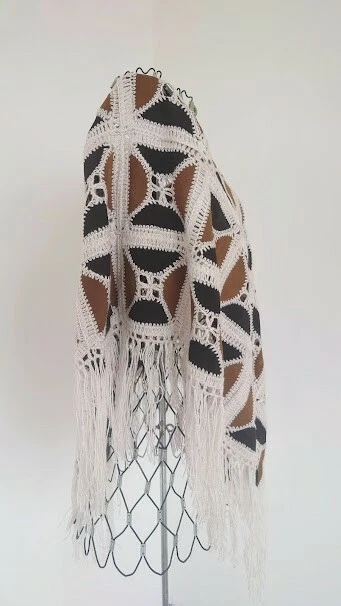 Handmade leather and knitting poncho, crochet and recycled leather pieces  - Image 2 of 4