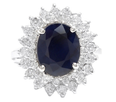 5.20Ct Natural Blue Sapphire & Diamond 14K White Solid Gold Ring