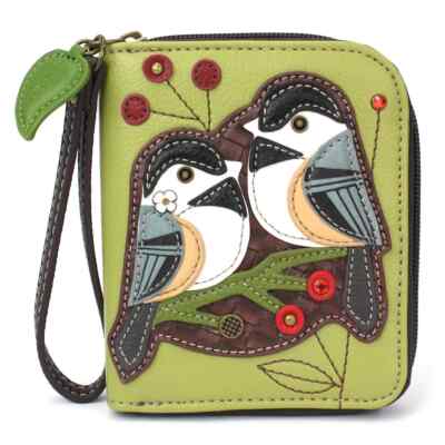 NEW CHALA CHICKADEE BIRD ZIPPERED WALLET GREEN FAUX LEATHER
