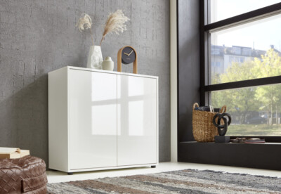Kommode Schuhschrank BEN 4 Hochglanzfronten weiß lackiert Sideboard push-to-open