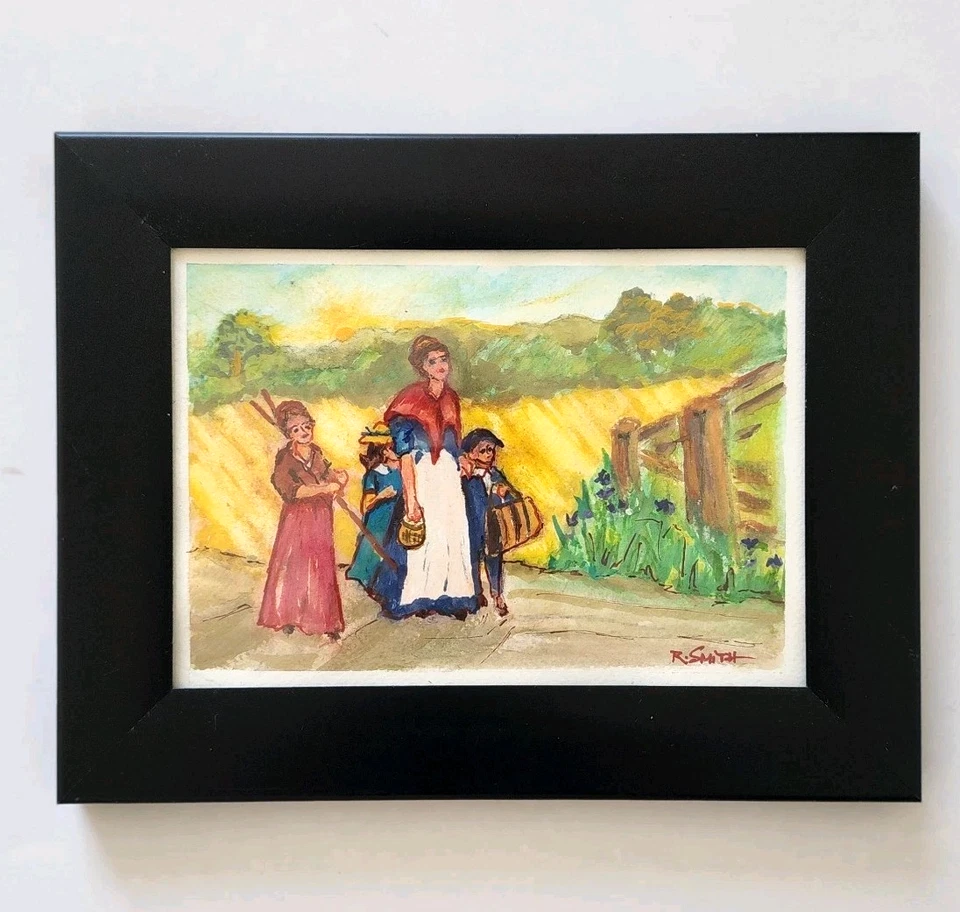 Pintura Acuarela Original Madre e Hijos Caminando Firmado 7"x9" Arte Enmarcado Foto 2 de 4