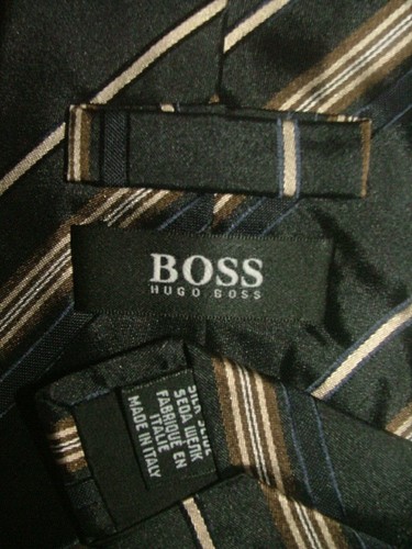 MENS HUGO BOSS TIE 100% SILK MADE IN ITALY BLACK BROWN STRIPED #0259 - Picture 4 of 5