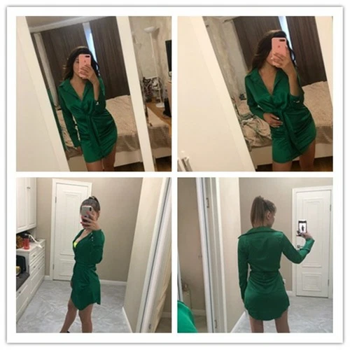 Vestido de satén de seda con cuello en V para mujer manga larga coleccionar cintura nudo lazo mini vestidos - Imagen 12 de 40