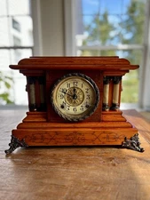 Antique Seth Thomas Mantle Clock Adamantine 4 Pillar Lion Heads Works Has Keys