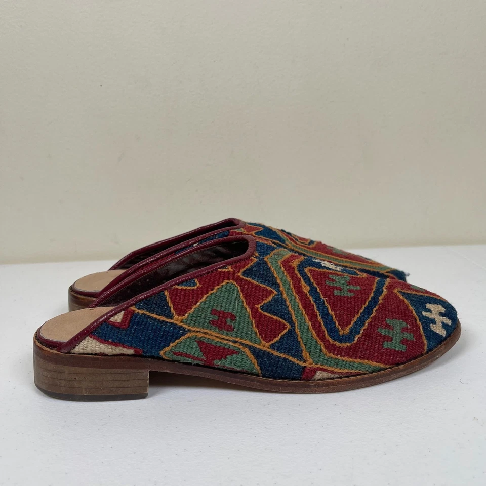 Vintage Turkish Kilim Aztec Pattern Clogs Mules 7 100% Wool Tapestry Boho - Image 3 of 4