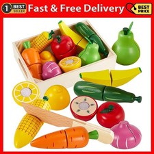 Wooden Play Food Set Cutting Fruits and Veggies Toys for Toddlers 1-3, Preten...