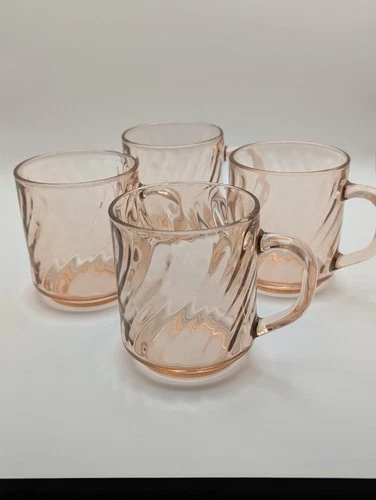 Arcoroc France Vintage Coffee Cups Pink Rosaline Swirl Pattern (qty 4 glasses)