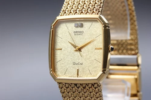 Vintage1989 N MINT SEIKO Dolce 9521-5210 Gold Dial 2P Diamond Quartz Watch JAPAN
