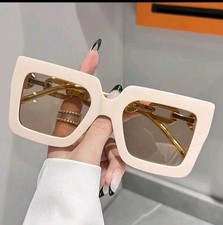 Oversized Square Sunglasses Gold Chain Beige Frame Brown Lens Women