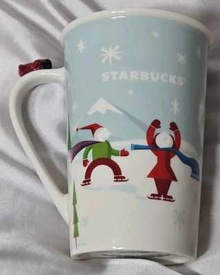 2011 Starbucks Holiday Mug 3D Plane Ice Skaters Dog Winter Sledding 8oz 4.5'' 