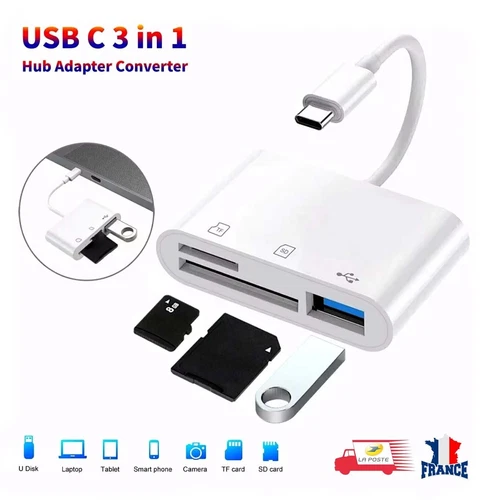 Lecteur de carte mémoire Type C Adaptateur Hub USB C 3 en 1 Micro SD TF CF