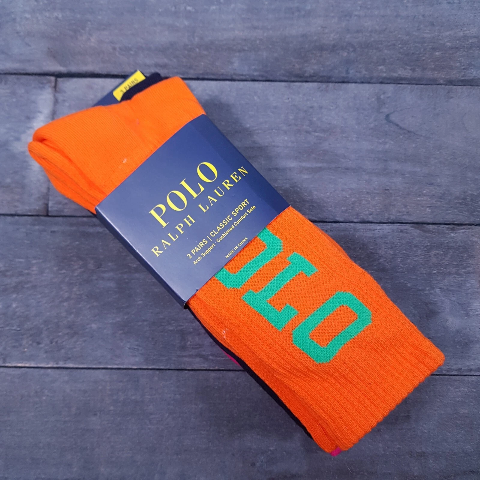 POLO Ralph Lauren Classic Sports Socks 3 Pairs Orange Pink Blue 10-13 Script