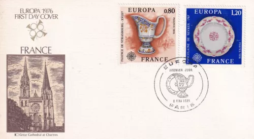 FRANCE 1976 FIRST DAY COVER, ART EUROPA, SEVRES PORCELAIN PLATE & CERT EMBLEM