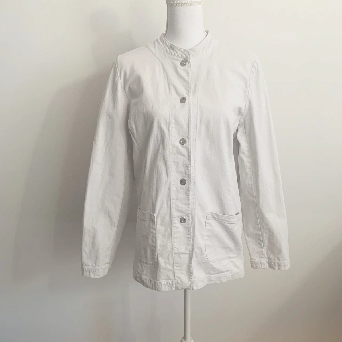 Eileen Fisher Snap Button White Denim Jacket Long Sleeve Stretch