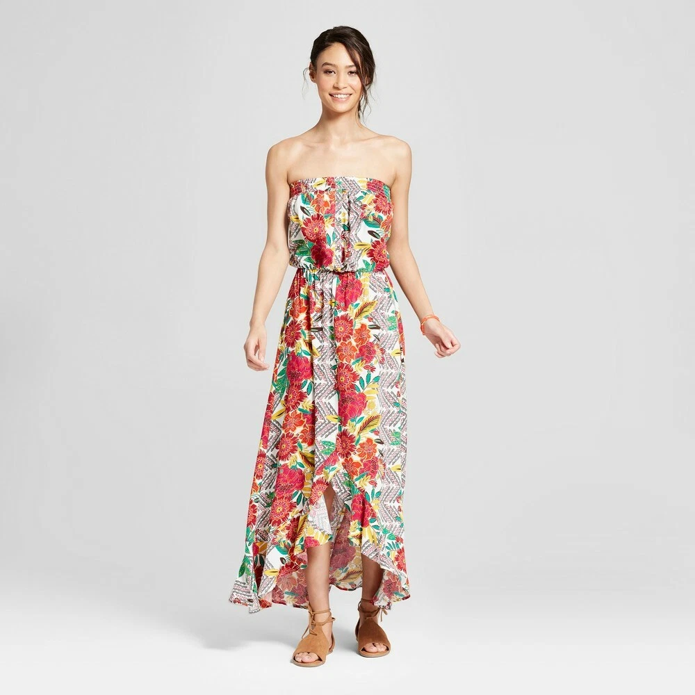 Xhilaration Women s Strapless High Low Floral Dress RED XS O13