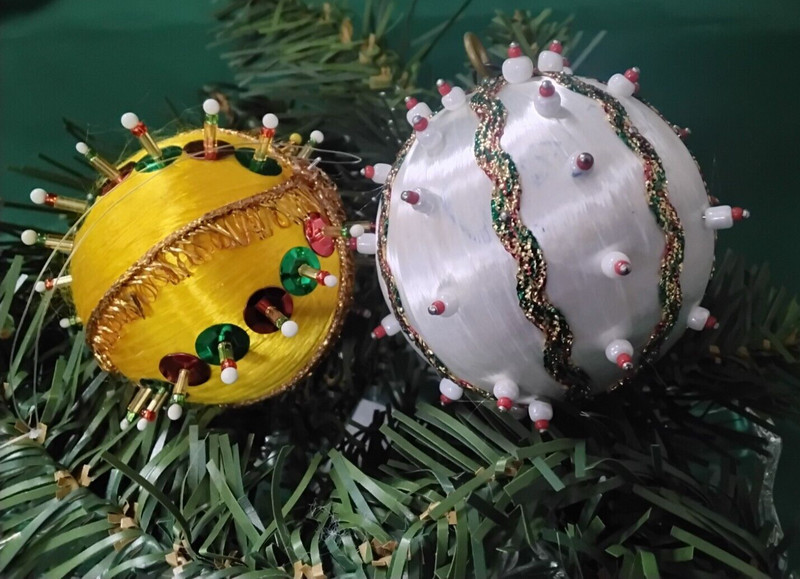 2 Vintage Satin Thread Hand-Beaded/Sequined Push Pin Christmas Tree Ornaments