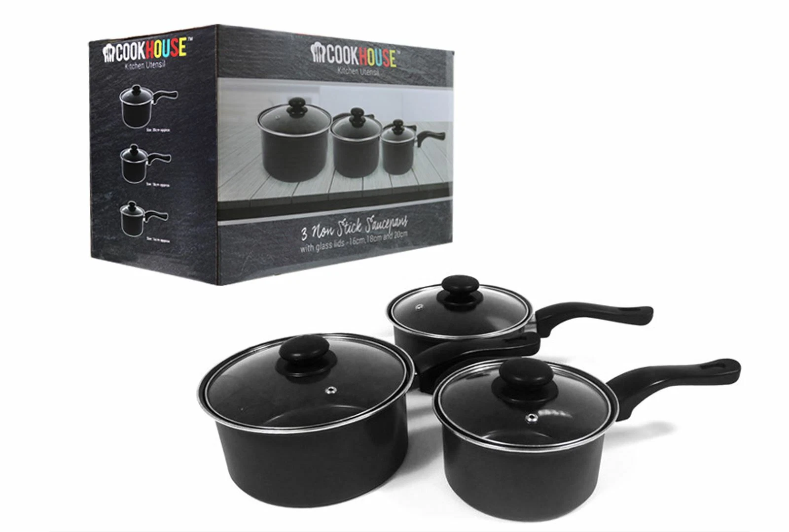 Set of 3 Non-Stick Saucepans with Lids for Cooking 16cm, 18cm & 20cm