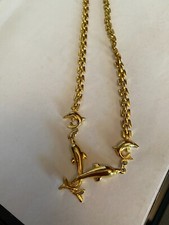 Vintage Gold Double Dolphin Pendant With 7" Gold Chain Very RARE Beautiful